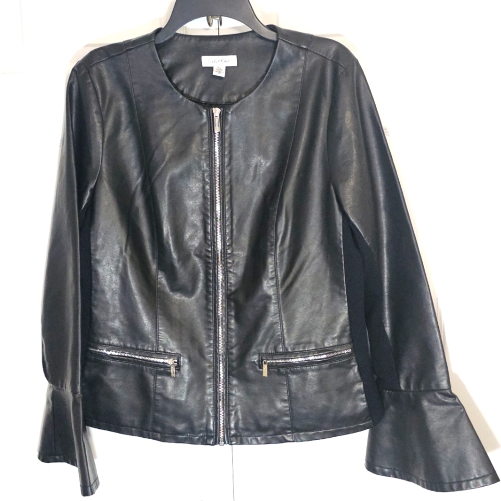 Calvin Klein Large Womens Faux Leather Jacket Bell Sleeve Moto Business‎ Black